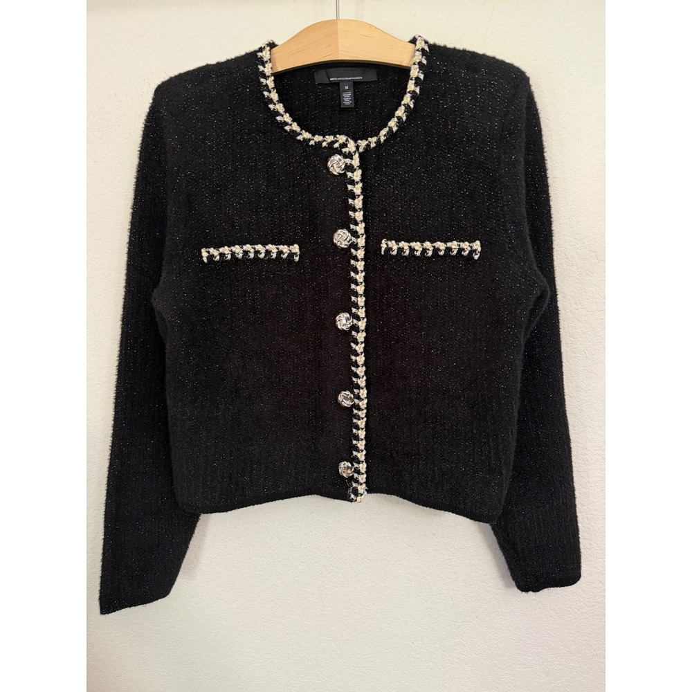 White House Black Market Black Gold Metallic Trim Fuzzy Cardigan Sweater M